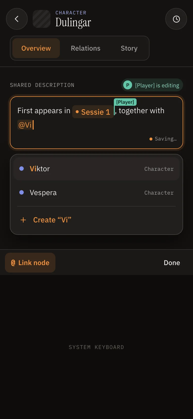 Writing with @ to link a node while a player writes along live