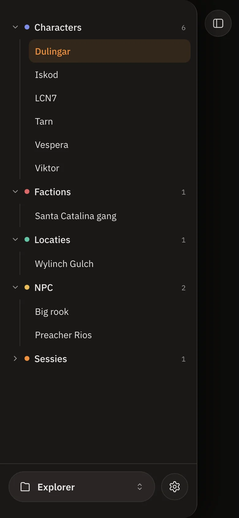 The explorer on a phone, with nodes grouped by type