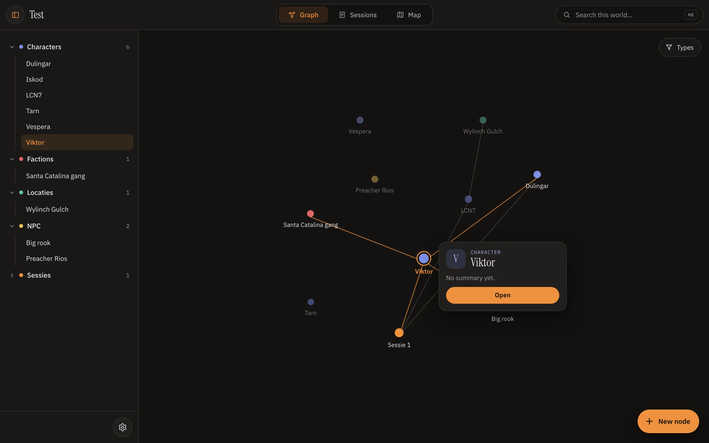 Atlore on desktop: the campaign graph with characters, factions, places and a session, with the explorer on the left